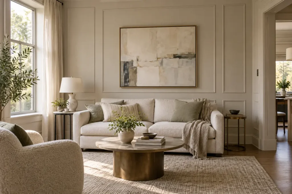 Pale greige rectangular wall panels in a compact neutral living room