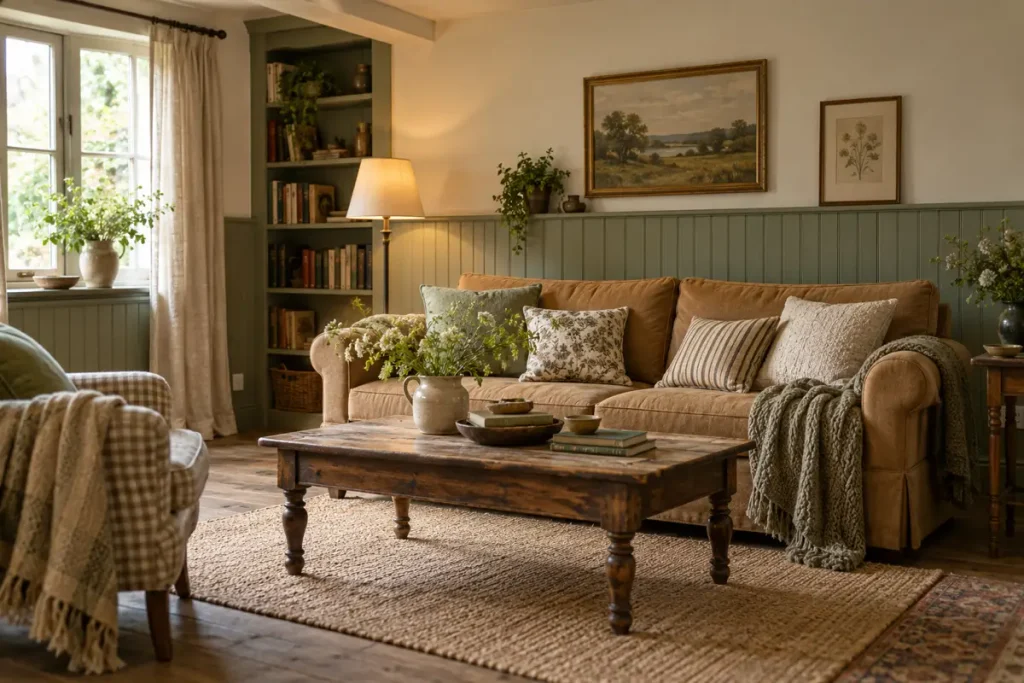 Sage green beadboard wainscoting beside a tan sofa in a cottage living room